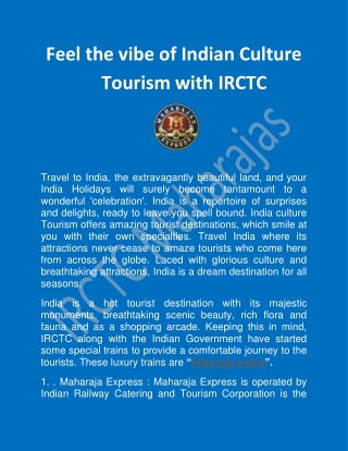 Feel the vibe of Indian Culture Tourism with IRCTC