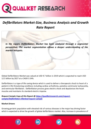 Defibrillators Market Report Forecasts the Impact of COVID-19 Pandemic on Business and Analysis by 2027