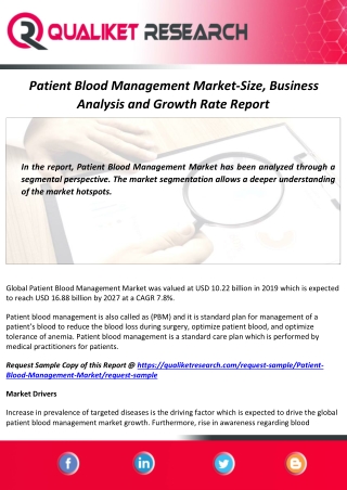 Patient Blood Management Market 2020-2027 : Size, Industry Share, Demand, Growth and Key Players Analysis