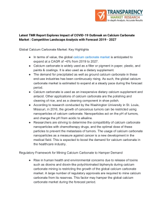 LATEST TMR REPORT EXPLORES IMPACT OF COVID-19 OUTBREAK ON CALCIUM CARBONATE MARKET : COMPETITIVE LANDSCAPE ANALYSIS WITH