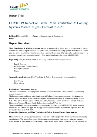 Mine Ventilation & Cooling Systems 2020 Business Analysis, Scope, Size, Overview, and Forecast 2026