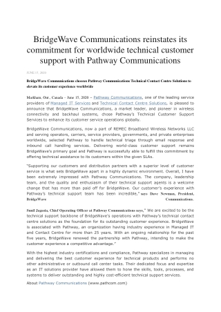 BridgeWave Communications reinstates its commitment for worldwide technical customer support with Pathway Communications