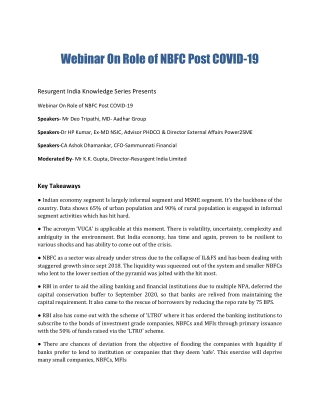 Webinar On Role of NBFC Post COVID-19