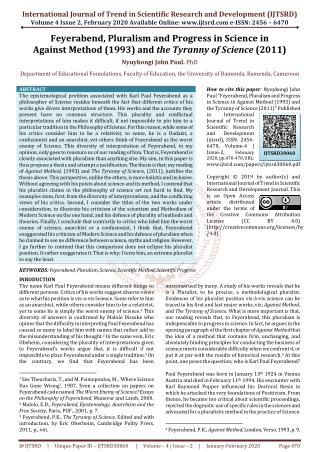 Feyerabend, Pluralism and Progress in Science in Against Method 1993 and the Tyranny of Science 2011