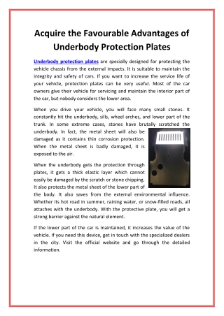 Acquire The Favourable Advantages Of Underbody Protection Plates