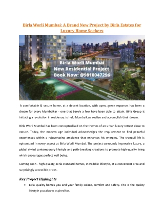 Birla Worli Mumbai: A Brand New Project By Birla Estates For Luxury Home Seekers!!