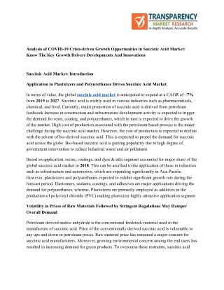 Analysis of COVID-19 Crisis-driven Growth Opportunities in Succinic Acid Market: Know The Key Growth Drivers Development