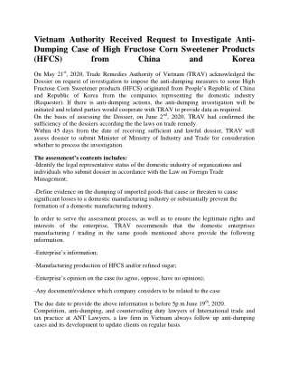 Vietnam Authority Received Request to Investigate Anti-Dumping Case of High Fructose Corn Sweetener Products (HFCS) from