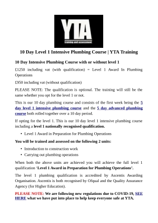 10 Day Level 1 Intensive Plumbing Course | YTA Training