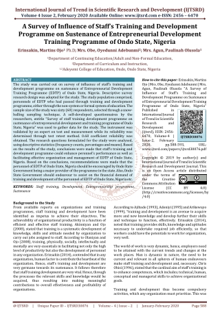 A Survey of Influence of Staff's Training and Development Programme on Sustenance of Entrepreneurial Development Trainin