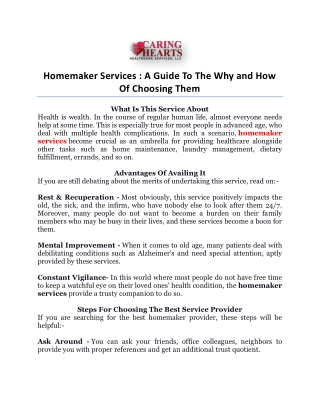 Homemaker Services : A Guide To The Why and How Of Choosing Them