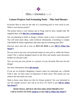 Leisure Projects And Swimming Pools - Tiles And Mosaics.