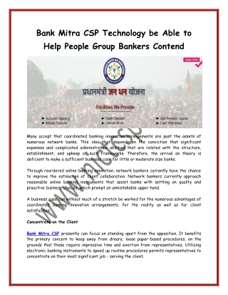 Bank Mitra CSP Technology be Able to Help People Group Bankers Contend
