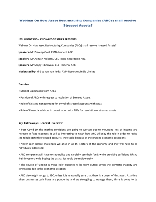 Webinar On How Asset Restructuring Companies (ARCs) shall resolve Stressed Assets?