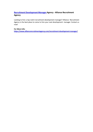 Recruitment Development Manager Agency - Alliance Recruitment Agency