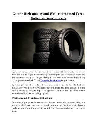 Get the High-quality and Well-maintained Tyres Online for Your Journey