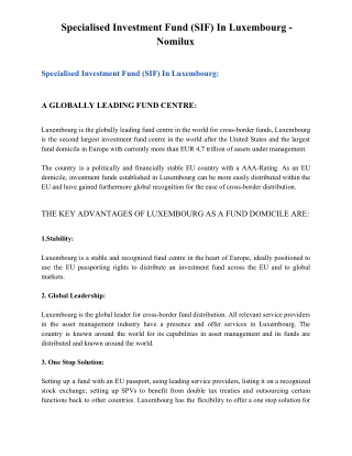 Specialised Investment Fund (SIF) In Luxembourg - Nomilux