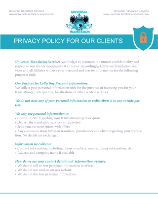 Privacy Policy for Our Clients - Universal Translation Services