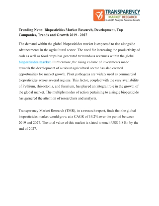 Trending News: Biopesticides Market Research, Development, Top Companies, Trends and Growth 2019 - 2027