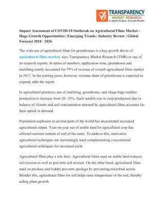 Impact Assessment of COVID-19 Outbreak on Agricultural Films Market - Huge Growth Opportunities | Emerging Trends | Indu