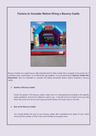 Factors to Consider Before Hiring a Bouncy Castle