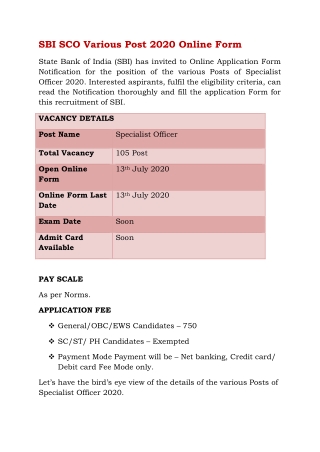 SBI SCO Various Post 2020 Online Form