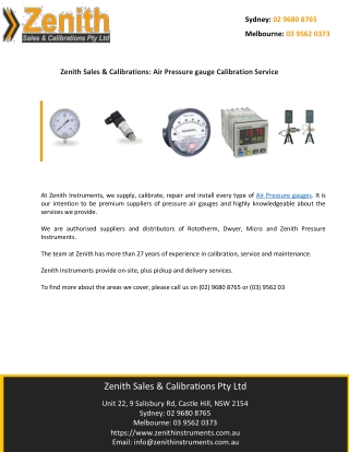 Zenith Sales & Calibrations: Air Pressure gauge Calibration Service