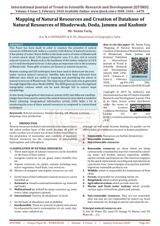 Mapping of Natural Resources and Creation of Database of Natural Resources of Bhaderwah, Doda, Jammu and Kashmir