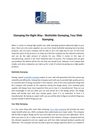 Stamping the Right Way - Multislide Stamping, Four Slide Stamping