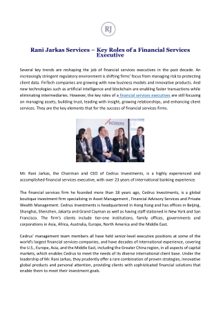 Rani Jarkas Services – Key Roles of a Financial Services Executive