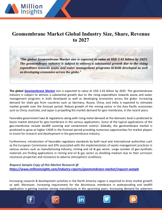 Geomembrane Market Emerging Trends, Application Scope, Size And Forecast To 2027