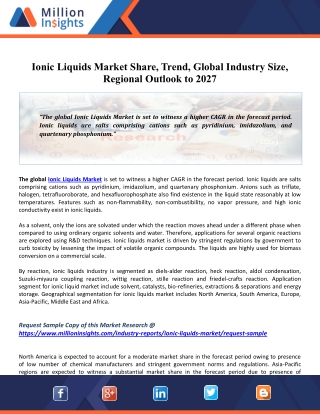 Ionic Liquids Market 2020 Driving Factors, Industry Growth Forecasts to 2027