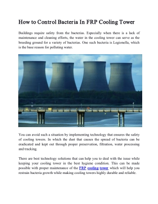 How to Control Bacteria In FRP Cooling Tower