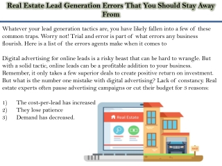 Real Estate Lead Generation Errors That You Should Stay Away From