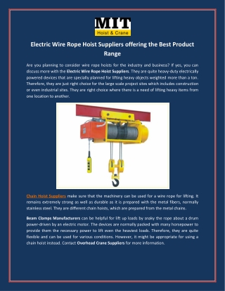 Electric Wire Rope Hoist Suppliers offering the Best Product Range