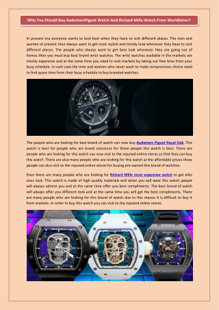 Why You Should Buy AudemarsPiguet Watch And Richard Mille Watch From Worldtimer?