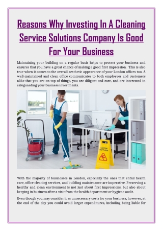 Reasons Why Investing In A Cleaning Service Solutions Company Is Good For Your Business