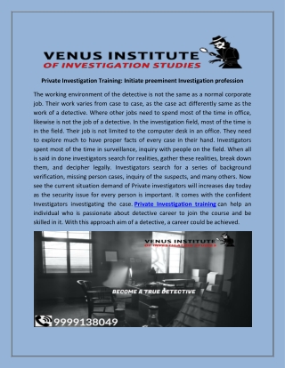 Private investigation training initiate preeminent investigation profession