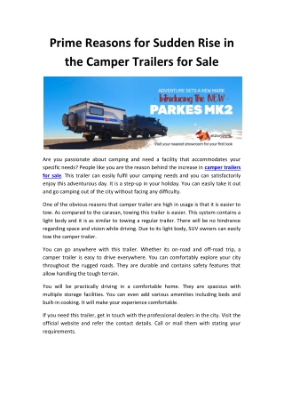 Prime Reasons for Sudden Rise in the Camper Trailers for Sale