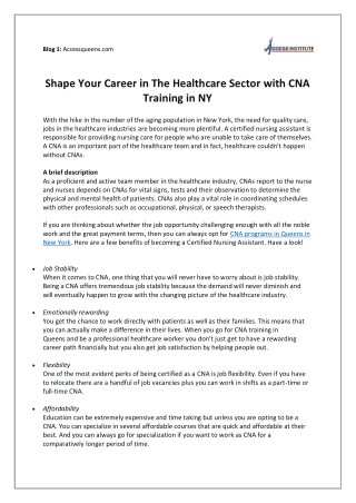 Shape Your Career in The Healthcare Sector with CNA Training in NY