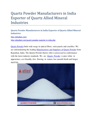 Quartz Powder Manufacturers in India Exporter of Quartz Allied Mineral Industries