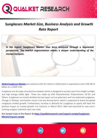 Global Sunglasses Market Business Analysis,Size,Share,Demand ,Application and Regional Growth