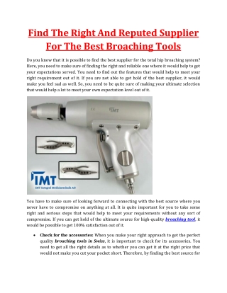 IMT Medical Reputed Supplier Of Best Broaching Tools