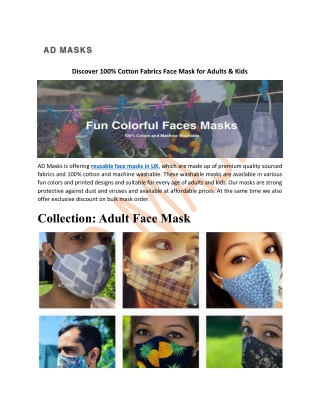 Discover 100% Cotton Fabrics Face Mask for Adults & Kids