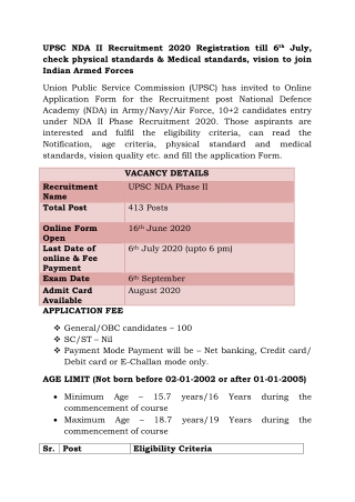 UPSC NDA II Recruitment 2020 Registration till 6th July, check physical standards & Medical standards, vision to join In