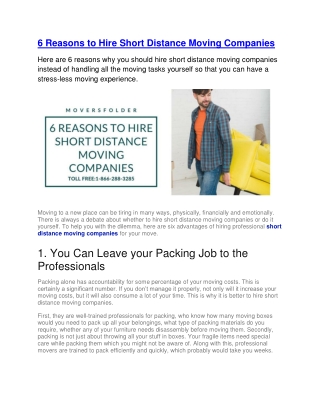 6 Reasons to Hire Short Distance Moving Companies