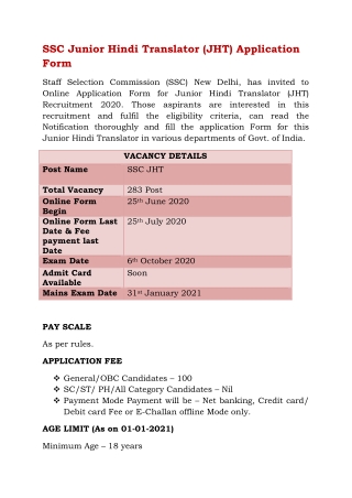 SSC Junior Hindi Translator (JHT) Application For