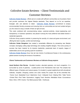 CoEvolve Estate Reviews - Client Testimonials and Customer Reviews