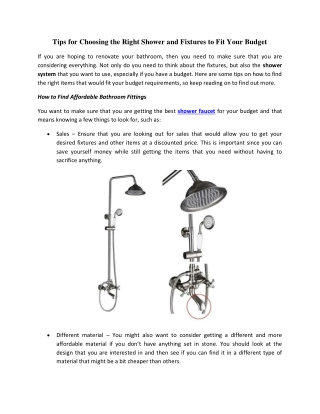Tips for Choosing the Right Shower and Fixtures to Fit Your Budget
