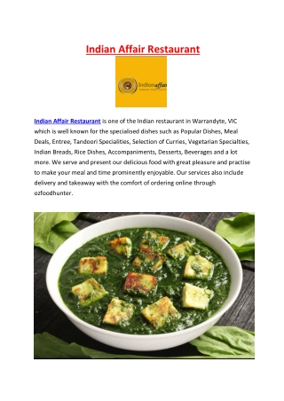 15% Off - Indian Affair Restaurant Menu in Warrandyte, VIC.